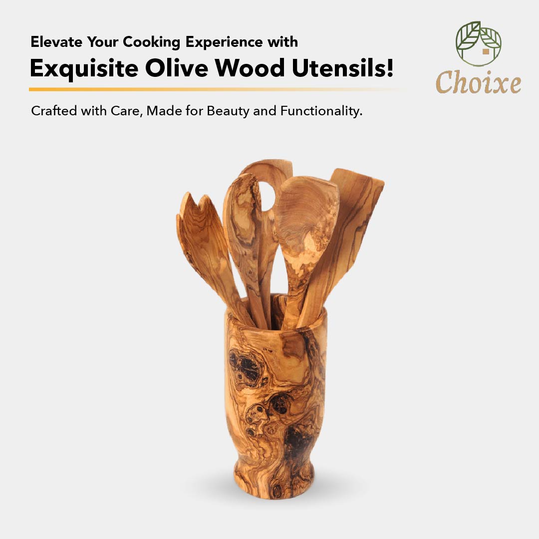Olive Wood 6-Piece Utensil Set With Holder