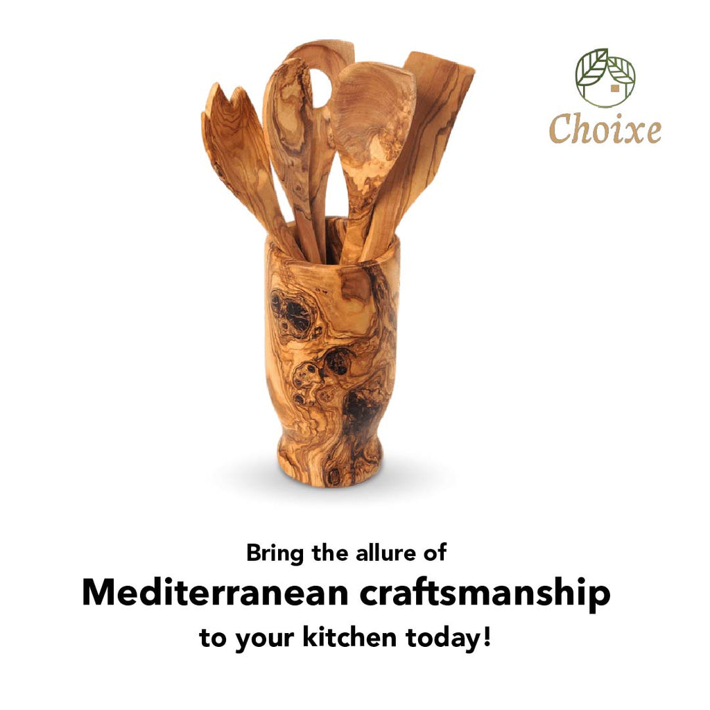 Olive Wood 6-Piece Utensil Set With Holder